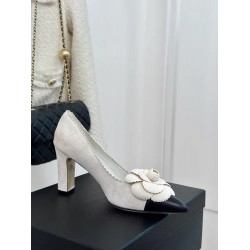 Small-scented pointed toe thick heeled high heels for women genuine leather shallow mouth French camellia single shoes