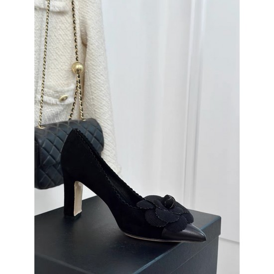 Small-scented pointed toe thick heeled high heels for women genuine leather shallow mouth French camellia single shoes