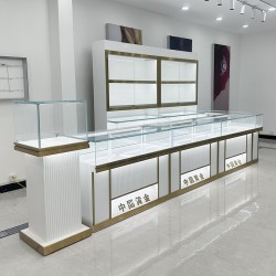 Glossy White Glass Countertop Display Cabinet for Shopping Malls Frameless Tempered Glass with LED Light and Locking Mechanism
