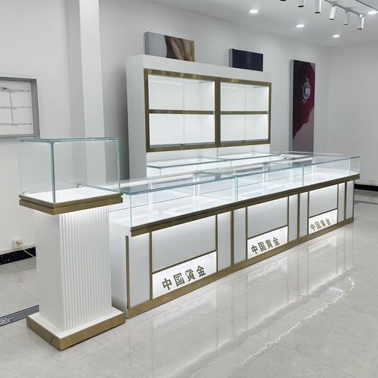 Glossy White Glass Countertop Display Cabinet for Shopping Malls Frameless Tempered Glass with LED Light and Locking Mechanism