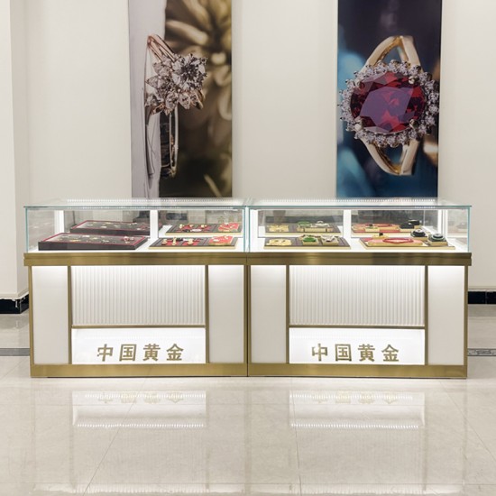 Glossy White Glass Countertop Display Cabinet for Shopping Malls Frameless Tempered Glass with LED Light and Locking Mechanism