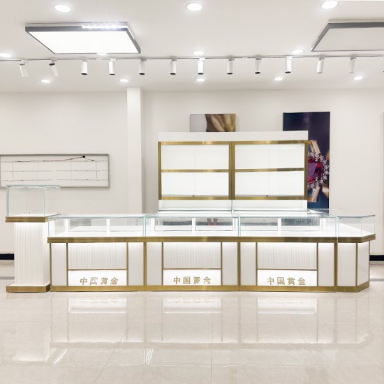 Glossy White Glass Countertop Display Cabinet for Shopping Malls Frameless Tempered Glass with LED Light and Locking Mechanism
