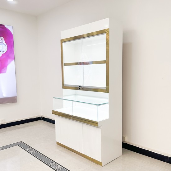 Glossy White Glass Countertop Display Cabinet for Shopping Malls Frameless Tempered Glass with LED Light and Locking Mechanism