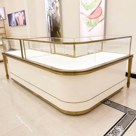 Glossy White Glass Countertop Display Cabinet for Shopping Malls Frameless Tempered Glass with LED Light and Locking Mechanism