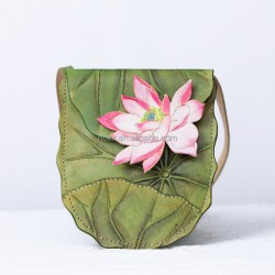 Pure handmade leather carved lotus shoulder bag with top layer vegetable tanned leather bag for women