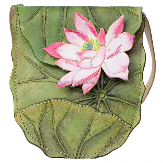 Pure handmade leather carved lotus shoulder bag with top layer vegetable tanned leather bag for women