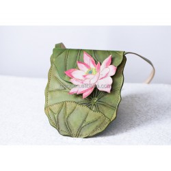 Pure handmade leather carved lotus shoulder bag with top layer vegetable tanned leather bag for women