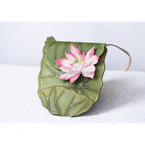 Pure handmade leather carved lotus shoulder bag with top layer vegetable tanned leather bag for women