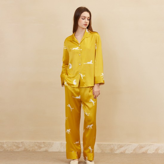 2024 New Butterfly Embroidered Satin Pajamas Suit Leopard Printed Long Sleeve Trousers Mulberry Silk Two-Piece Home Clothes