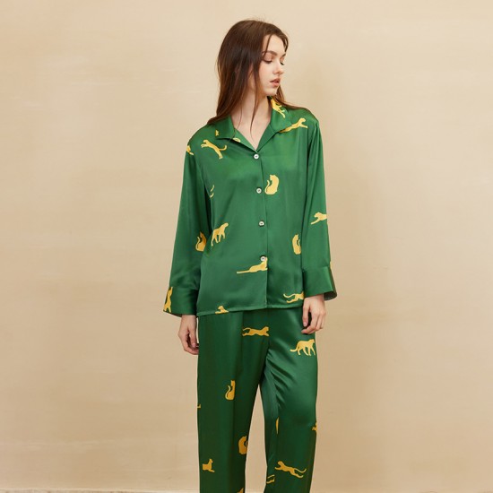 2024 New Butterfly Embroidered Satin Pajamas Suit Leopard Printed Long Sleeve Trousers Mulberry Silk Two-Piece Home Clothes