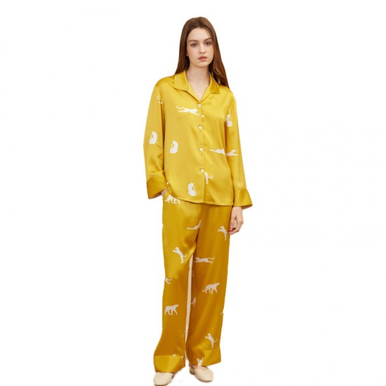 2024 New Butterfly Embroidered Satin Pajamas Suit Leopard Printed Long Sleeve Trousers Mulberry Silk Two-Piece Home Clothes