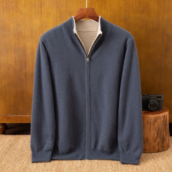 Custom Men's Long Sleeve Cashmere Knitted Sweater ODM Supply Zipper Closure Winter Cardigan Sweater