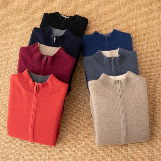 Custom Men's Long Sleeve Cashmere Knitted Sweater ODM Supply Zipper Closure Winter Cardigan Sweater