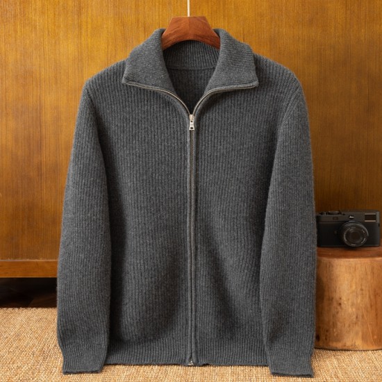 Men's Men's Half High Neck Full Zipper Wool Cashmere Knit Cardigan Young and Middle-aged Autumn and Winter New Knitted Cardigan