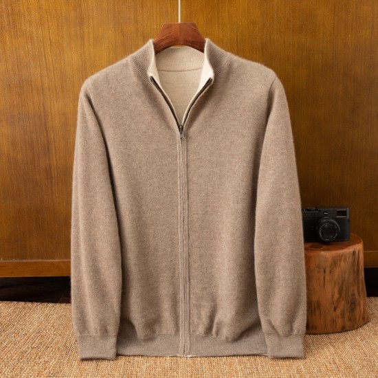 Long Sleeve Light Brown Cashmere Knit Coat Winter Men's Zipper Sweater with Cardigan Sweater Design ODM Supply