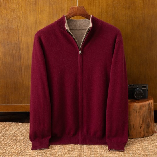 Long Sleeve Light Brown Cashmere Knit Coat Winter Men's Zipper Sweater with Cardigan Sweater Design ODM Supply