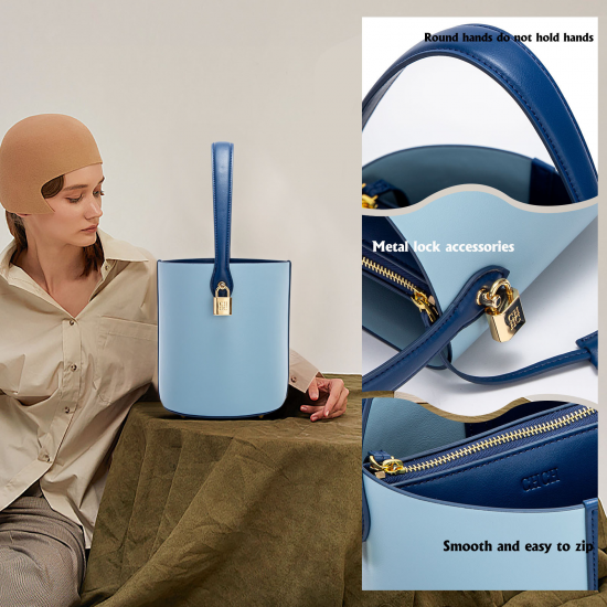 2025 Spring New Fashion Women's Casual Bucket Bag Handbag Simple Double Color Niche Design Versatile Open Closure Polyester