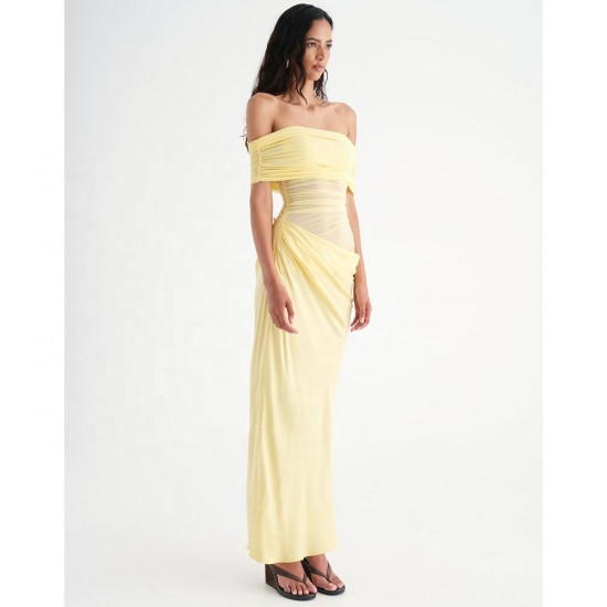 Private Label Customization Side Cutout Mesh Bodice Cowl Waist Shoulder Maxi Dress Ladies OEM ODM Women Clothes Elegant Apparel