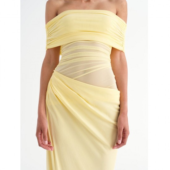 Private Label Customization Side Cutout Mesh Bodice Cowl Waist Shoulder Maxi Dress Ladies OEM ODM Women Clothes Elegant Apparel