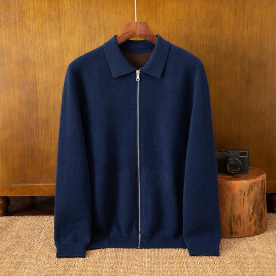 Autumn Winter Men's 100% Cashmere Padded Cardigan with Zipper Breathable Knitted Shirt Collar Sweater Jacket