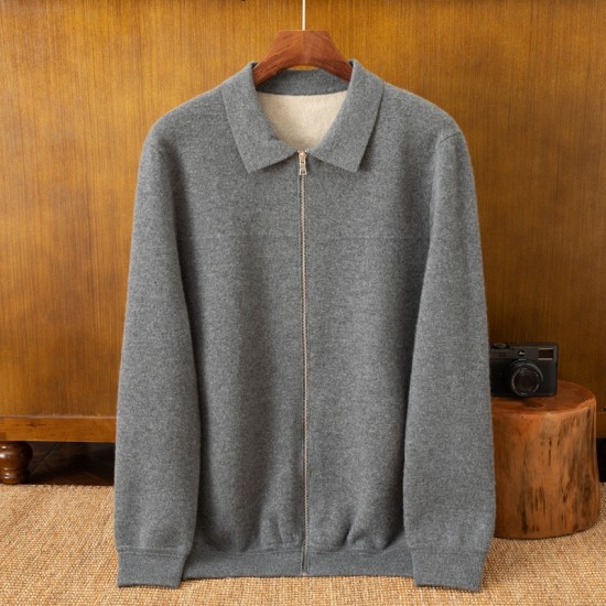 Autumn Winter Men's 100% Cashmere Padded Cardigan with Zipper Breathable Knitted Shirt Collar Sweater Jacket