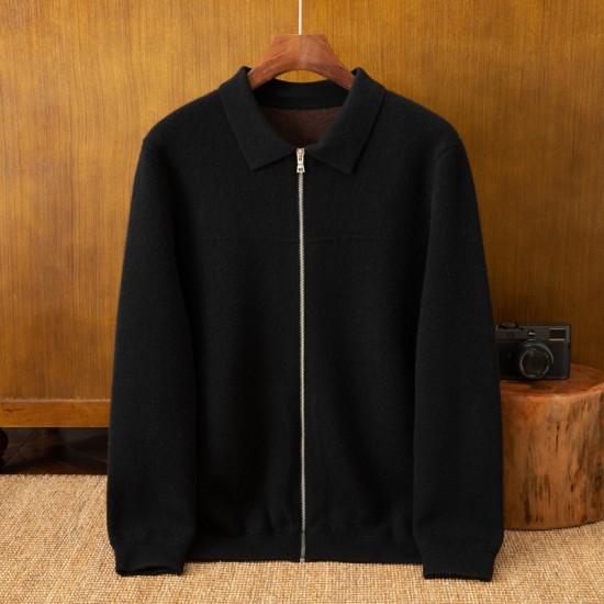 Autumn Winter Men's 100% Cashmere Padded Cardigan with Zipper Breathable Knitted Shirt Collar Sweater Jacket