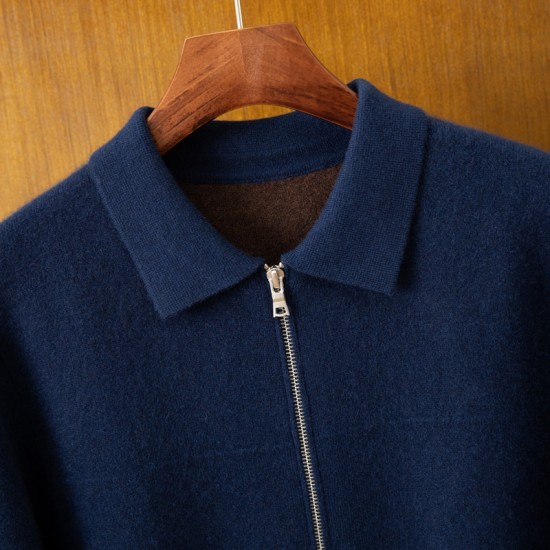 Autumn Winter Men's 100% Cashmere Padded Cardigan with Zipper Breathable Knitted Shirt Collar Sweater Jacket