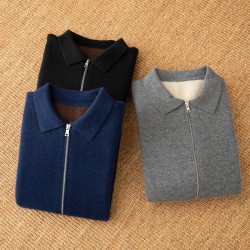 Autumn Winter Men's 100% Cashmere Padded Cardigan with Zipper Breathable Knitted Shirt Collar Sweater Jacket
