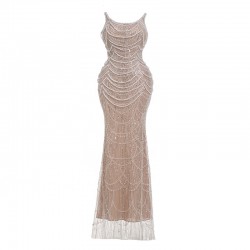 LF2088C Custom Sleeveless Sequined Draped Beaded Sheer Mesh Sculpted Bodycon Floor Length Elegant Formal Gown Party Dress