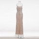 LF2088C Custom Sleeveless Sequined Draped Beaded Sheer Mesh Sculpted Bodycon Floor Length Elegant Formal Gown Party Dress