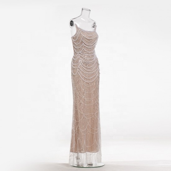 LF2088C Custom Sleeveless Sequined Draped Beaded Sheer Mesh Sculpted Bodycon Floor Length Elegant Formal Gown Party Dress