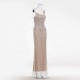 LF2088C Custom Sleeveless Sequined Draped Beaded Sheer Mesh Sculpted Bodycon Floor Length Elegant Formal Gown Party Dress