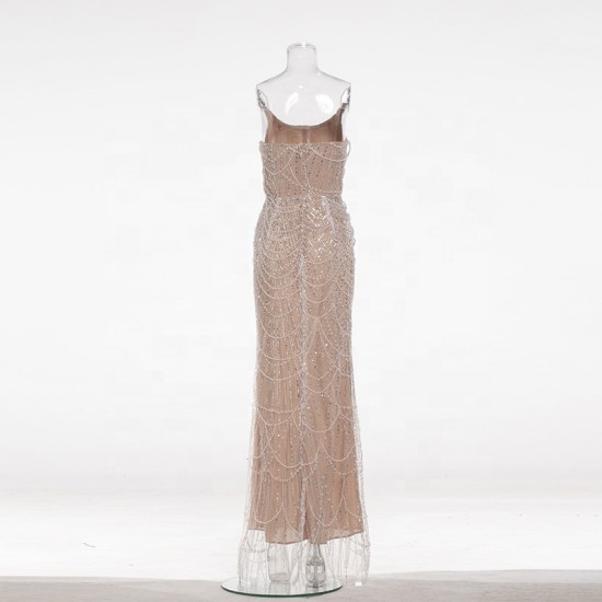 LF2088C Custom Sleeveless Sequined Draped Beaded Sheer Mesh Sculpted Bodycon Floor Length Elegant Formal Gown Party Dress