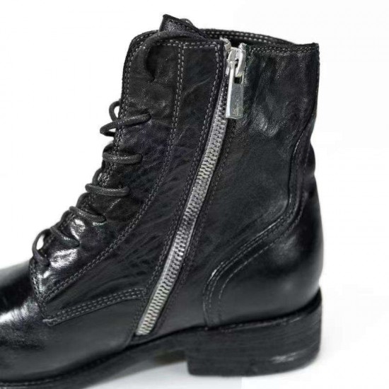 Manufacturer Custom Black Leather Ankle Boots Shoes Lace up Leather Ankle Boots for Women