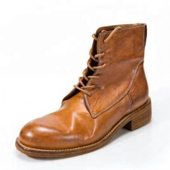 Manufacturer Custom Black Leather Ankle Boots Shoes Lace up Leather Ankle Boots for Women