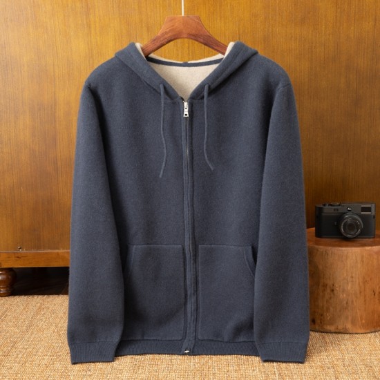Men's Casual Hoodie 100% Cashmere ODM Sports Thick Cardigan with Simple Pocket and Pattern Decoration for Spring and Winter