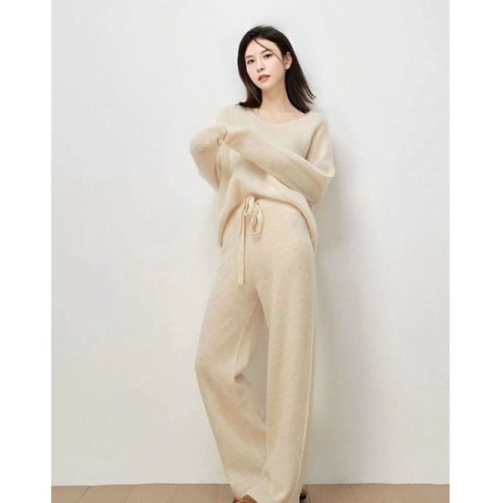 Women's Casual Soft Breathable Cashmere Sweater Set Lady Loose Clothes 2-Piece Set Customized Color Knitted Twin Set for Autumn