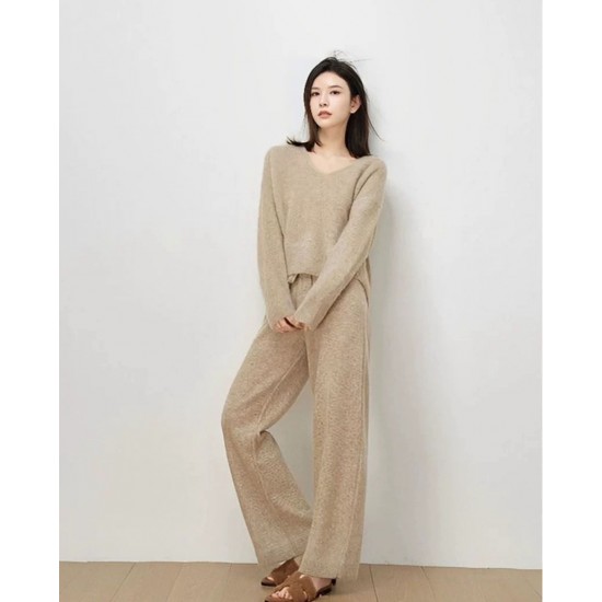 Women's Casual Soft Breathable Cashmere Sweater Set Lady Loose Clothes 2-Piece Set Customized Color Knitted Twin Set for Autumn