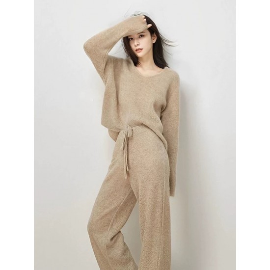 Women's Casual Soft Breathable Cashmere Sweater Set Lady Loose Clothes 2-Piece Set Customized Color Knitted Twin Set for Autumn