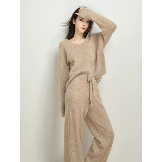 Women's Casual Soft Breathable Cashmere Sweater Set Lady Loose Clothes 2-Piece Set Customized Color Knitted Twin Set for Autumn