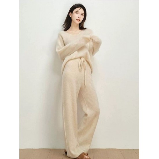 Women's Casual Soft Breathable Cashmere Sweater Set Lady Loose Clothes 2-Piece Set Customized Color Knitted Twin Set for Autumn