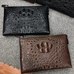 Men's Trendy Large Capacity Genuine Leather Shoulder Bag with Crocodile Bone Inlays Simple Fashionable Portable Zipper Closure