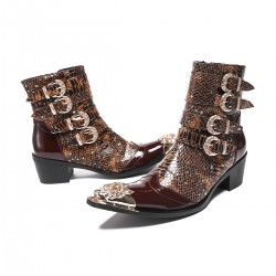 NA679 Punk Style Rivet Belt Buckle Decor Men Mid-Calf Boots Metal Pointed Toe Splicing Leather Shoes Male Motorcycle Boots