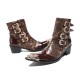 NA679 Punk Style Rivet Belt Buckle Decor Men Mid-Calf Boots Metal Pointed Toe Splicing Leather Shoes Male Motorcycle Boots