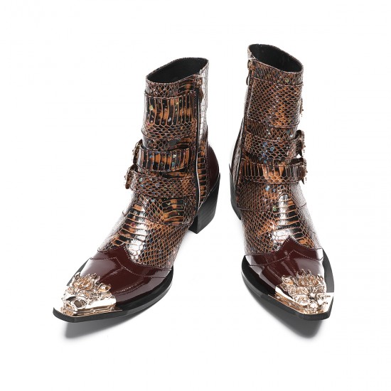 NA679 Punk Style Rivet Belt Buckle Decor Men Mid-Calf Boots Metal Pointed Toe Splicing Leather Shoes Male Motorcycle Boots