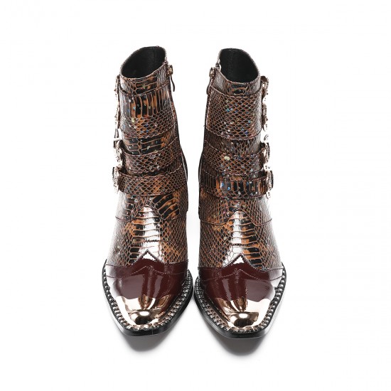 NA679 Punk Style Rivet Belt Buckle Decor Men Mid-Calf Boots Metal Pointed Toe Splicing Leather Shoes Male Motorcycle Boots