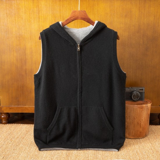 Customizable Men's Double-Sided Hooded Cardigan Pure Cashmere Knitted Zipper Hoodie Winter Casual Quick-Dry Breathable Warm Vest