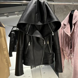 2025 Spring Black Leather Coat Biker Slim Leather Clothes Real Sheepskin Leather Jacket With Hood