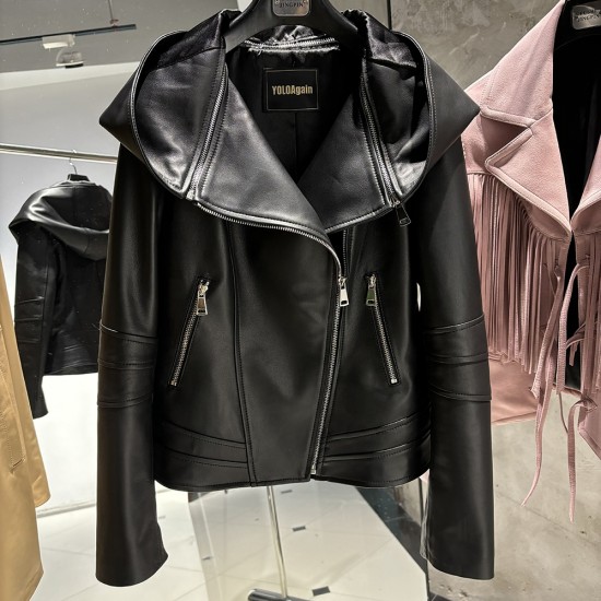 2025 Spring Black Leather Coat Biker Slim Leather Clothes Real Sheepskin Leather Jacket With Hood