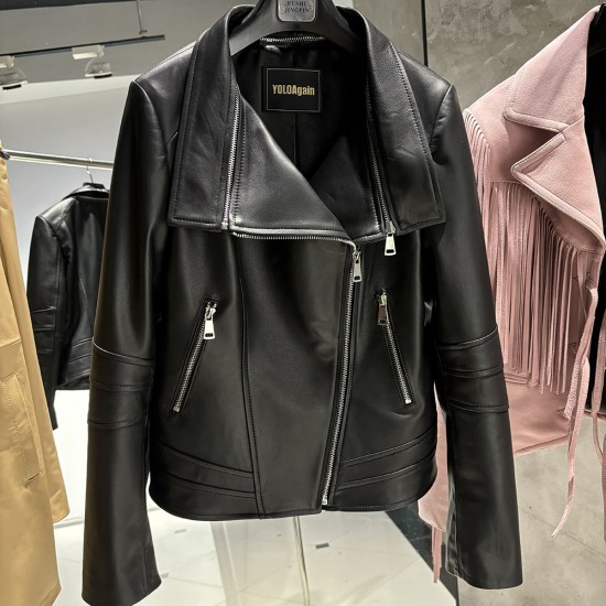 2025 Spring Black Leather Coat Biker Slim Leather Clothes Real Sheepskin Leather Jacket With Hood